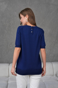 Camiseta de blusa de punto de manga corta con cuello redondo para mujer, cómoda y elegante, transpirable, detalle de botones, servicio OEM de alta calidad - Product Image 3