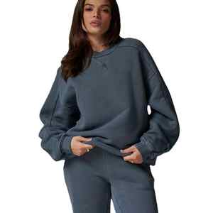 Sweat-shirt bleu surdimensionné pour femme Long Crew Classic Seam Detail Casual Solid Pattern Workout Hoodie Front Lined pour l'automne - Product Image 1