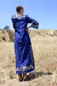 Bohemian Blue Floral Embroidered Organza V-neck Maxi Dress Three Quarter Sleeve Loose Fit Cotton Ankle Length <b>Summer</b> Women ODM - Product Image 2