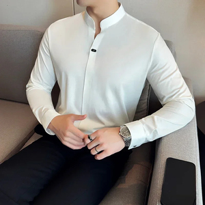 เสื้อยืดแขนยาวคอปกแบบจีนสำหรับผู้ชาย, เสื้อยืดรัดรูปสีน้ำตาลเข้ม - Product Image 5