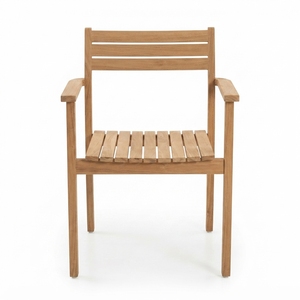 Solid Teak Wood Garden <b>Armchair</b> Horizontal Slatted Seat Natural Finish Outdoor Patio <b>Dining</b> Side Chair Setup Art Decor - Product Image 1