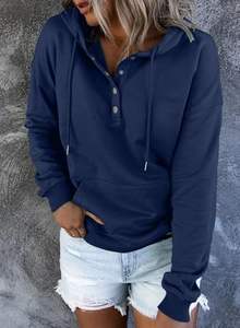 Pull décontracté pour femme Sweat à capuche à manches longues avec col boutonné et cordon de serrage 100% coton pour un usage quotidien - Product Image 4