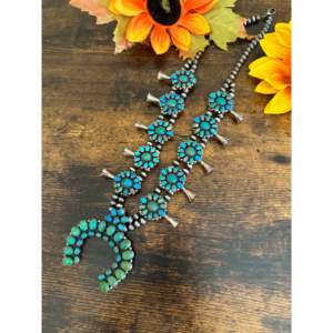 Navajo Handmade Royston Turquoise Sterling <b>Silver</b> Squash Blossom <b>Necklace</b> <b>Set</b> - Product Image 4