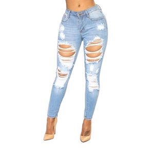 Pantalones vaqueros azul claro holgados superventas, nueva llegada, pantalones vaqueros rasgados de pierna ancha para mujer, diseño de algodón Sexy informal, precio al por mayor - Product Image 6