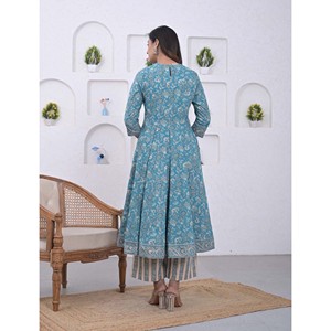Blue Cotton Anarkali <b>Kurta</b> Pant Set Printed Pakistani Style Indian Ethnic Wear for <b>Women</b> for Party Wear - Product Image 5