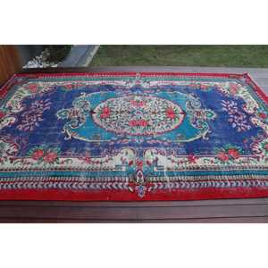 Tapis turc vintage surdimensionné en laine rouge 7x11 pieds, design patchwork écologique avec envers en latex - Product Image 3