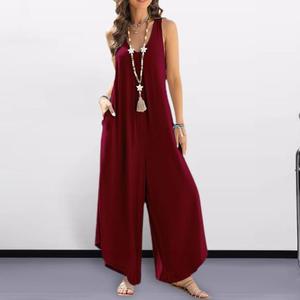 Women Summer Jumpsuit Loose Sleeveless Solid Colour Wide Leg V Neck Pockets Deep Soft Irregular Length Vacation <b>Long</b> Jumpsuit - Product Image 3