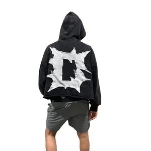 No Pocket Sun Faded Cut Edge Custom Acid Wash Cropped <b>Hoodies</b> <b>Men</b> Raw Hem Applique Distressed Patch Embroidery <b>Hoodies</b> oem - Product Image 6