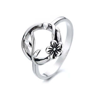 Sterling Silver <b>Open</b> Floral Artisan <b>Ring</b> with Rhodium Plating Geometric Pattern Zircon Inlay for Everyday Wear - Product Image 1