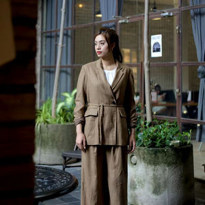 Casual femmes 100% Ramie Slouch cravate vestes motif à carreaux mince rabat avant poches latérales tissé coton remplissage bouton pour l'hiver - Product Image 1