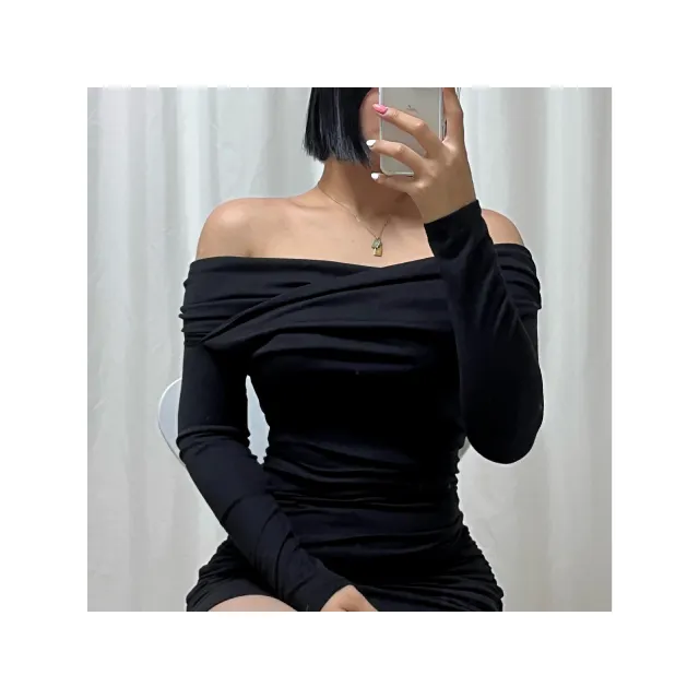 Trendy Products Fashion Lady Elegant Product Hot Sale Korean Manufactured Open Shoulder Shitting Sleeve dress
