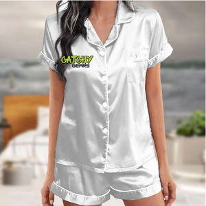 Ensemble de pyjamas en satin pour femmes 2 pièces chemise à manches courtes en soie pour femmes pantalon long avec poche poitrine vêtements de salon doux PJS ensemble de vêtements de détente - Product Image 2