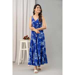 Dress-SHKUP1450 maxi évasée et sans manches à imprimé floral bleu en rayonne - Product Image 6