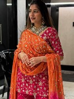 Élégance Quotidienne : Salwar Kameez Semi-Couture en Soie Georgette Traditionnelle, Broderie Lourde, Motifs Imprimés au Bloc, Multicolore 4