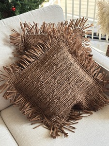 Hand-Knitted Natural Raffia Crochet Eco-Friendly Reversible Pillow <b>Cover</b> Woven Bohemian Style Solid Pattern Hospital Home Hotel - Product Image 3