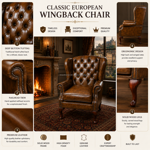 Sillón Chesterfield de Cuero Genuino con Respaldo Acolchado, Brazos Enrollados, Patas de Madera Maciza, Color Marrón, Sofá para Sala de Estar - Product Image 4