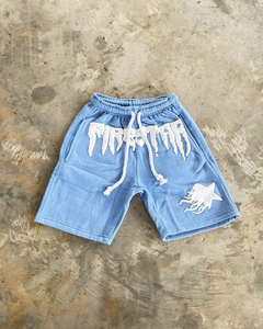 Pantalones cortos de verano lavados con ácido para hombre con cordón personalizado Vintage Sun Faded Distressed Cut Edge Puff Print Cotton Sweat Shorts - Product Image 4