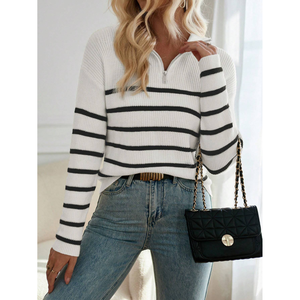 <b>Women's</b> Vintage Striped <b>Half</b>-<b>Zip</b> Ribbed Knit <b>Sweater</b> Casual Short Length - Product Image 5
