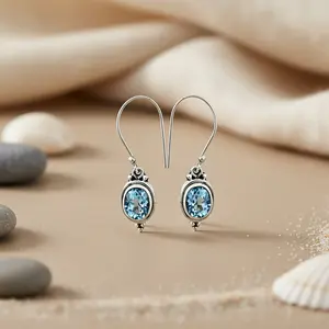 Women's Vintage Trendy 925 Silver Hoop <b>Earrings</b> with Blue Topaz Diamond Rose Gold Plated Gemstone Jewelry Gold Flower Pattern - Product Image 2