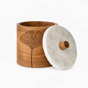 Pot de rangement en bois avec sculpture géométrique en forme d'étoile et couvercle en marbre, artisanat en bois d'acacia, décoration d'intérieur - Product Image 3