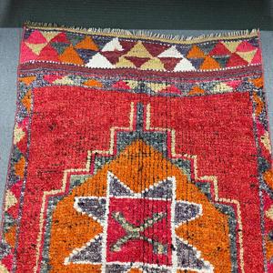 Turkish Vintage Eco-Friendly <b>Wool</b> Rug 3x10.2 ft <b>Red</b> Patchwork with Latex Backing - Product Image 2