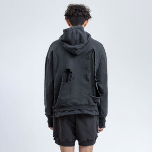 Sweat à capuche personnalisable pour hommes 100% coton à capuche lourde surdimensionnée épaule tombante Logo noir sérigraphié Sweats à capuche en détresse avec OEM - Product Image 3