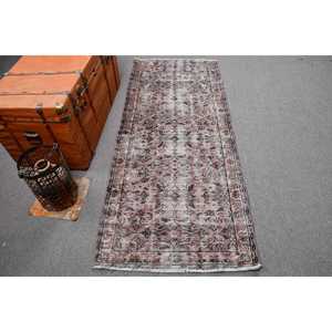 Vintage Rug 2.7x6.5 ft, <b>Brown</b> Gray Check <b>Wool</b> Turkish Rug - Product Image 1