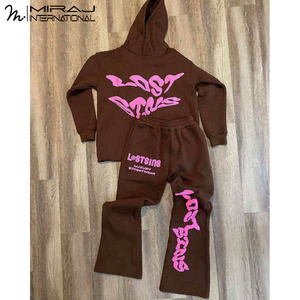 Ensemble de survêtement en coton deux pièces personnalisé pour hommes, sweat à capuche évasé respirant, pantalon de survêtement, broderie imprimée, motif uni, automne - Product Image 6