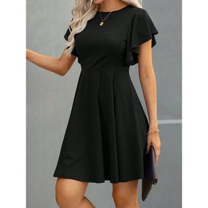 Robe courte en crêpe à col rond et manches courtes pour femme, 30884 - Noir - Product Image 2
