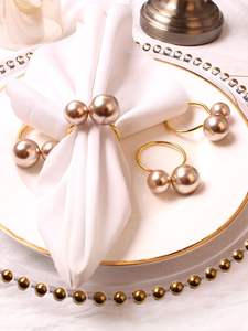 Anneau de serviette en métal doré de luxe moderne de qualité supérieure, double perle, élégant, décoration de table, magnifique pour les mariages, les fêtes et les dîners - Product Image 2