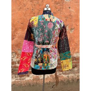 Ajrakh-Albornoz corto con parche impreso para mujer, abrigo largo de algodón étnico tejido a mano, chaqueta de invierno hecha a mano, venta al por mayor - Product Image 5