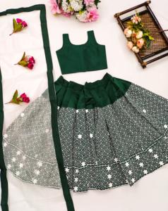 Lehenga Choli Shoryam vert pour filles, longueur ras du sol, séchage rapide, brodé, style ethnique indien, idéal pour les fêtes et mariages - Product Image 1