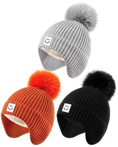 Bonnet en tricot doublé satiné unisexe, épais et ample, avec pompon en fausse fourrure, motif côtelé et lettres dessinées à la main, idéal pour l'hiver et la plage - Product Image 1