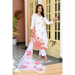 <b>White</b> & Peach Floral Hand Painted Chiffon Kurta <b>Trousers</b> Organza Dupatta Mirror <b>Work</b> Muslin Fabric Elegant Traditional Outfit - Product Image 2