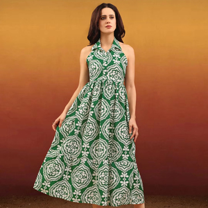 Robe imprimée en coton mélangé à col chemise et évasée sans manches pour femmes - Product Image 1