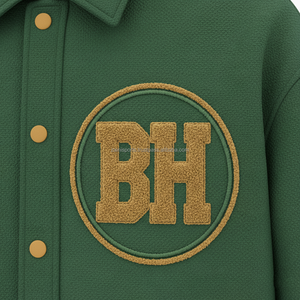 Chaqueta universitaria de mezcla de lana unisex 420 GSM parche de chenilla personalizado Logo verde con dobladillo y puños de cuello acanalado chaqueta universitaria para mujer - Product Image 6