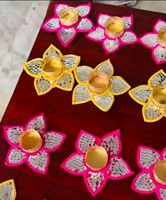 Support de bougie chauffe-plat en métal fait main de haute qualité, style indien traditionnel, avec travail miroir et fil Rangoli, 4 pouces, pour décoration intérieure
