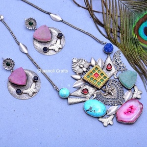 โบฮีเมียนเงินออกซิไดซ์พลอย27นิ้วสร้อยคองบกับต่างหูชุดสร้อยคอ Banjara - Product Image 1