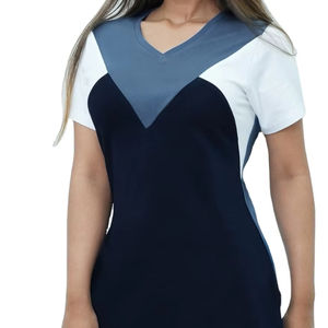 Camisetas de algodón puro con cuello en V para mujer, camisetas casuales holgadas de manga corta, ajuste decorativo con logotipo impreso personalizado ecológico - Product Image 1