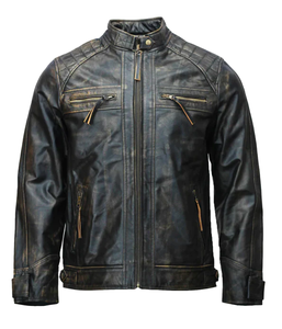 Chaqueta de cuero de motorista para hombre personalizada, marcas rústicas naturales, cuero de vaca, negro, motocicleta desgastada, estilo clásico, chaqueta con cuello levantado - Product Image 1