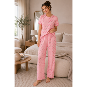 Conjunto de Pijama de Manga Corta con Estampado Floral, Ropa Casual para el Hogar, Cintura Elástica, Cierre de Botones, Talla XS, Tejido Suave, Color Rosa Polvo - Product Image 2