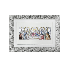 Cadre en bois rectangulaire fait main avec finition gaufrée argentée et plaque colorée de la Cène 46x33 cm - Product Image 1