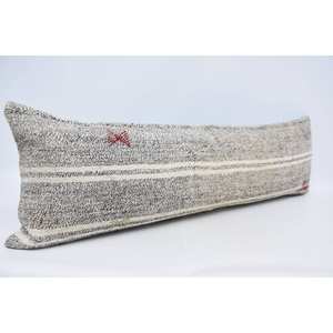 Almohada de lana Kantha bordada gris vintage, técnica tejida con patrón de rayas sutiles de 16x48 pulgadas - Product Image 3
