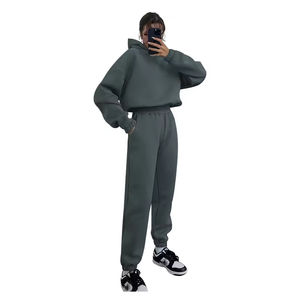 Personnalisé femmes bleu 2 pièces ensemble vêtements fabricants recadrée à capuche épais pantalons de survêtement brodé sweats à capuche joggers - Product Image 2