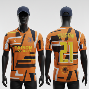 เสื้อฟุตบอลชาย GSM ระบายอากาศได้ดี ผลิตจากโพลีเอสเตอร์อินเตอร์ล็อค สีกรมท่า เหลือง ขาว ดีไซน์ลายเรขาคณิต พร้อมสกรีนโลโก้ตามสั่ง - Product Image 4