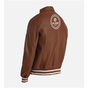 Men's Plain Blue and dark <b>brown</b> <b>Leather</b> Varsity <b>Jacket</b> - Product Image 6