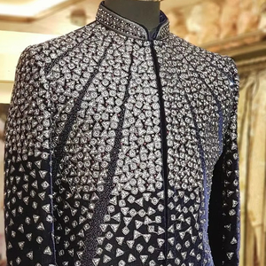 STYLISH HEAVY EMBROIDERY on STUNNING BLACK GROOM SHERWANI and <b>PANT</b> WITH EMBELLISHED CRYSTAL GLASS BEADS,RESHAM,DABKA WORK=2024 - Product Image 1
