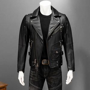 Chaqueta de cuero negro de otoño para hombre estilo Punk de talla grande 6XL piel de vaca Natural Slim Fit motocicleta abrigo de cuero genuino - Product Image 4