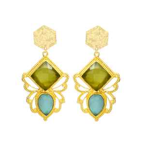 Nueva llegada largo chapado en oro hermoso diseño geométrico peridoto hidro y turquesa pendientes de piedras preciosas pendientes colgantes - Product Image 1