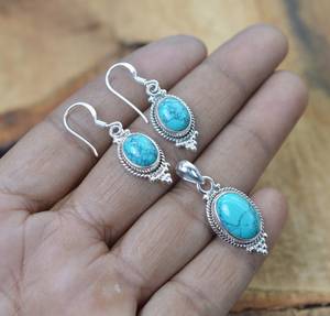 Turquoise bleue naturelle 925 argent Sterling fait à la main concepteur personnalisé boucle d'oreille pendentif bel ensemble pour les femmes - Product Image 1